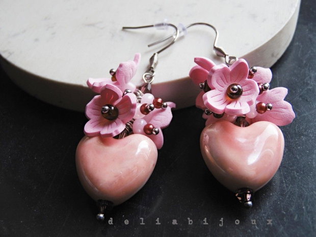 Cercei handmade Sakura cu inimă cercei romantici roz din ceramică și flori delicate (cod1427)