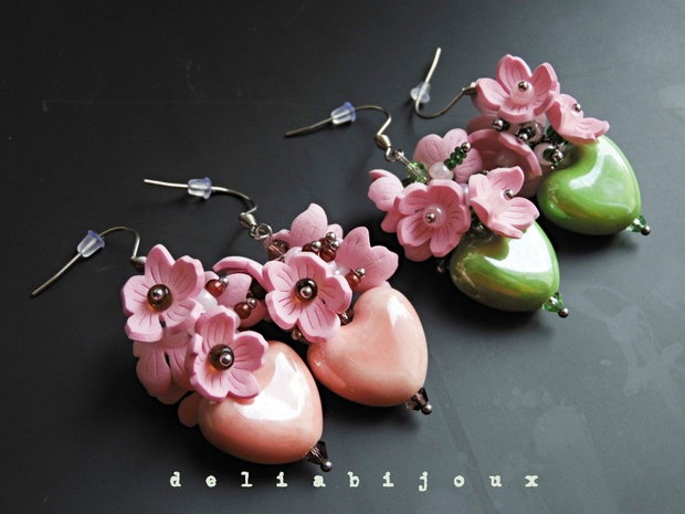 Cercei handmade Sakura cu inimă cercei romantici roz din ceramică și flori delicate (cod1427)