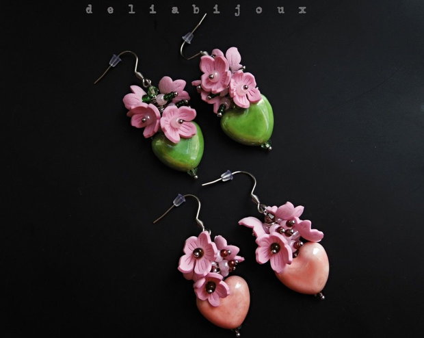 Cercei "Sakura Bloom Heart" Roz Delicat și Verde Vibrant (cod1428)