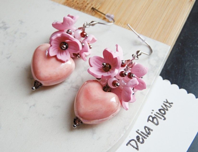 Cercei handmade Sakura cu inimă cercei romantici roz din ceramică și flori delicate (cod1427)
