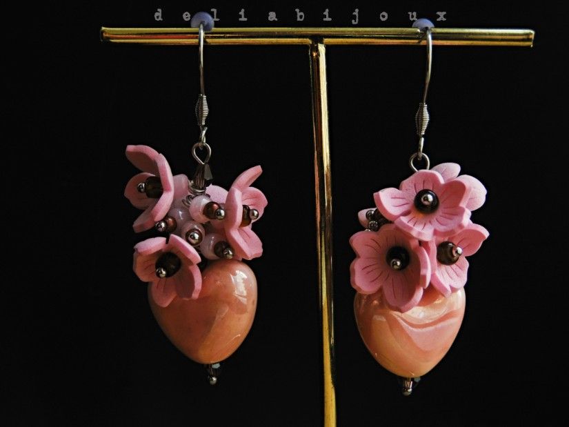 Cercei handmade Sakura cu inimă cercei romantici roz din ceramică și flori delicate (cod1427)