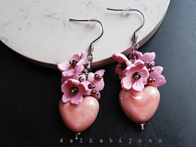 Cercei handmade Sakura cu inimă cercei romantici roz din ceramică și flori delicate (cod1427)