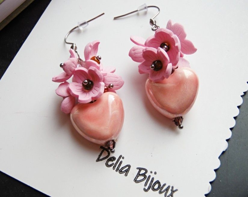 Cercei handmade Sakura cu inimă cercei romantici roz din ceramică și flori delicate (cod1427)