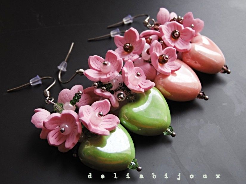 Cercei "Sakura Bloom Heart" Roz Delicat și Verde Vibrant (cod1428)