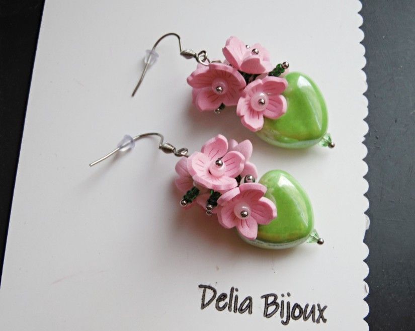 Cercei "Sakura Bloom Heart" Roz Delicat și Verde Vibrant (cod1428)