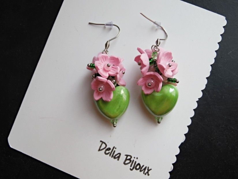 Cercei "Sakura Bloom Heart" Roz Delicat și Verde Vibrant (cod1428)