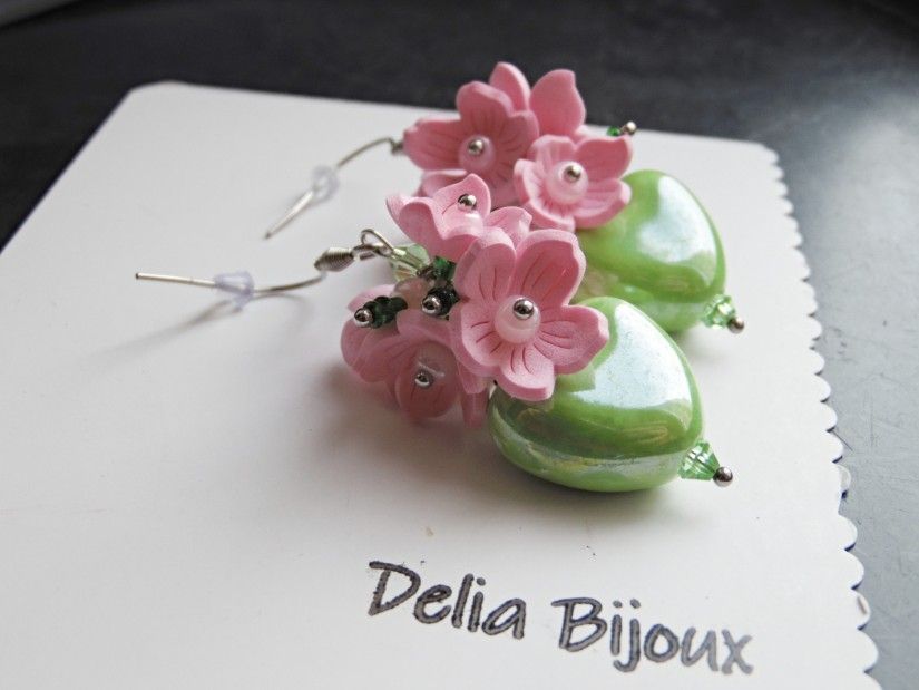 Cercei "Sakura Bloom Heart" Roz Delicat și Verde Vibrant (cod1428)