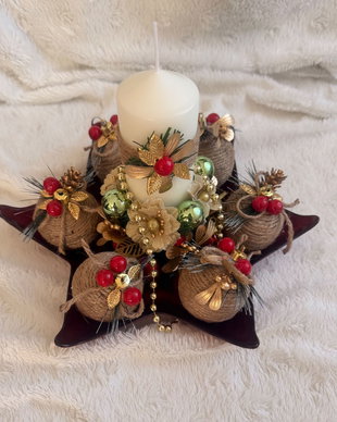 Aranjament Crăciun multifuncțional cu lumânare și globuri detașabile  decor festiv handmade, platou sticlă roșu