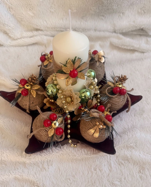 Aranjament Crăciun multifuncțional cu lumânare și globuri detașabile decor festiv handmade, platou sticlă roșu