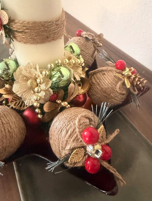 Aranjament Crăciun multifuncțional cu lumânare și globuri detașabile decor festiv handmade, platou sticlă roșu
