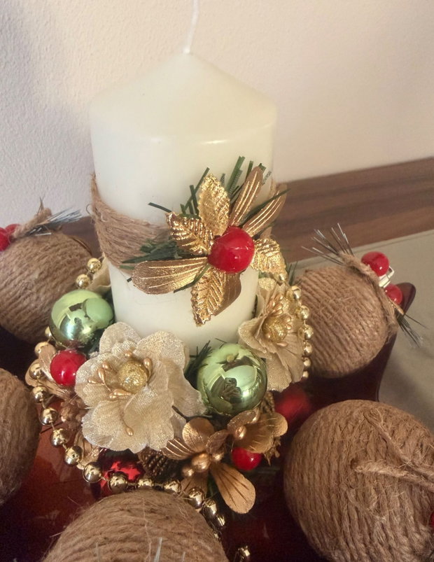 Aranjament Crăciun multifuncțional cu lumânare și globuri detașabile decor festiv handmade, platou sticlă roșu