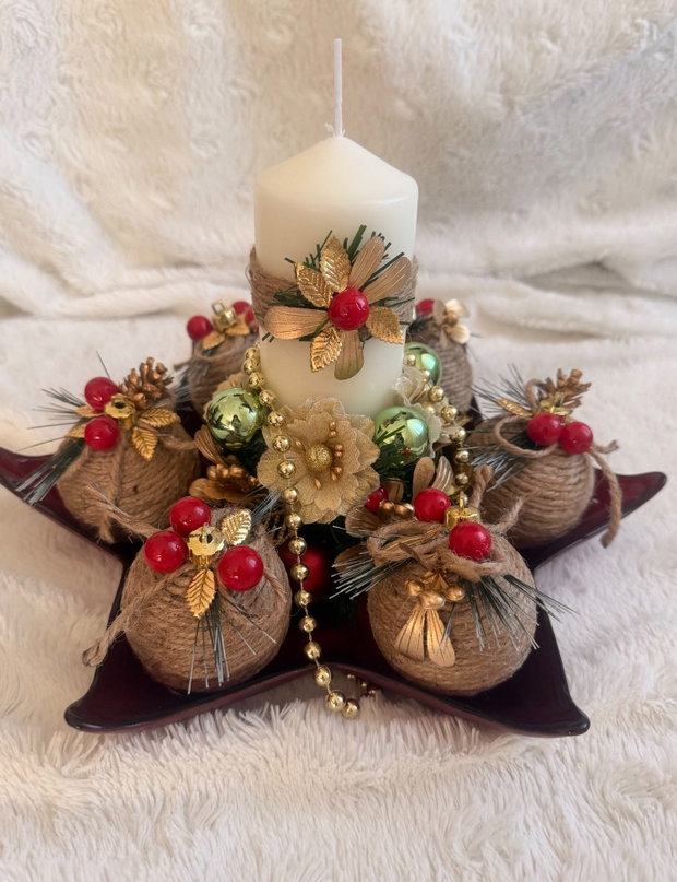 Aranjament Crăciun multifuncțional cu lumânare și globuri detașabile decor festiv handmade, platou sticlă roșu