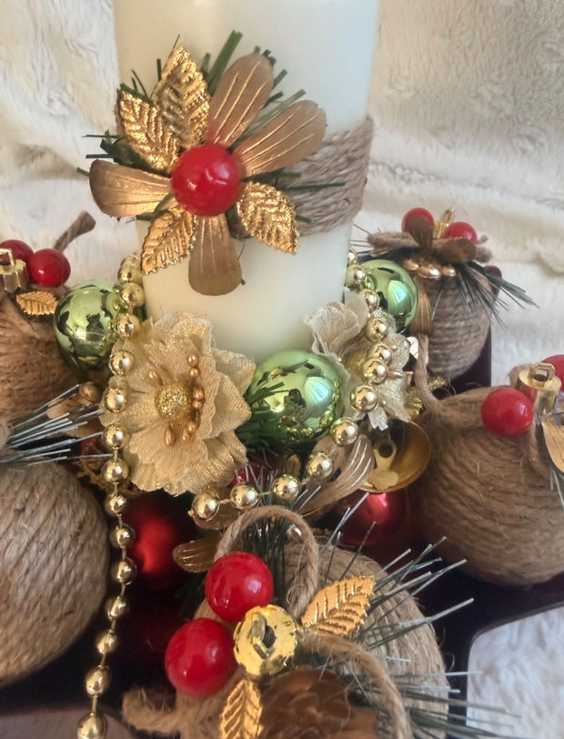 Aranjament Crăciun multifuncțional cu lumânare și globuri detașabile decor festiv handmade, platou sticlă roșu