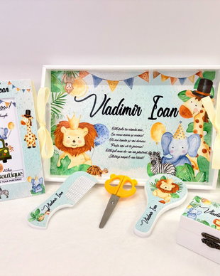 Set aniversar personalizat 1 anisor - Jungle - Tavita mot si accesorii