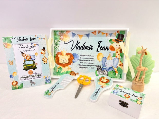Set aniversar personalizat 1 anisor - Jungle - Tavita mot si accesorii