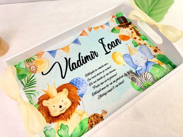 Set aniversar personalizat 1 anisor - Jungle - Tavita mot si accesorii