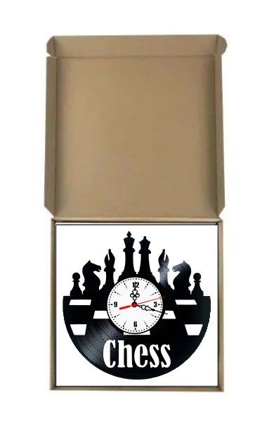 Ceas de perete din disc vinil, Tematică Șah / Chess, Design Retro cu Piese de Șah, Negru