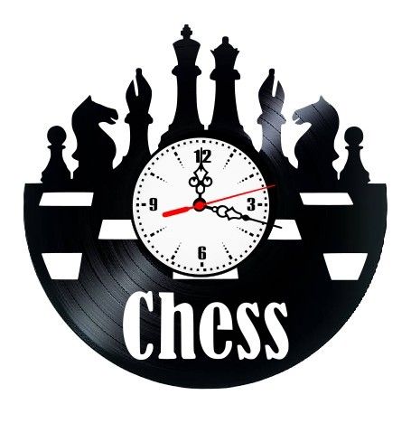 Ceas de perete din disc vinil, Tematică Șah / Chess, Design Retro cu Piese de Șah, Negru