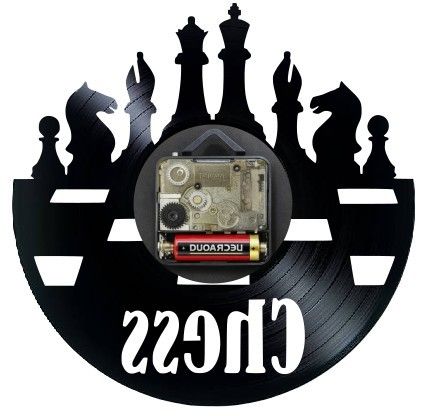 Ceas de perete din disc vinil, Tematică Șah / Chess, Design Retro cu Piese de Șah, Negru