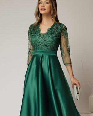 Rochie Inna midi verde din tafta in clos cu dantela la bust