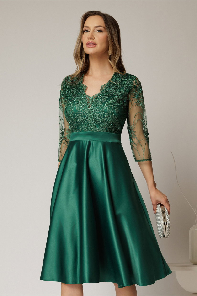 Rochie Inna midi verde din tafta in clos cu dantela la bust