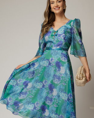 Rochie midi verde cu imprimeuri si fundite pe bust