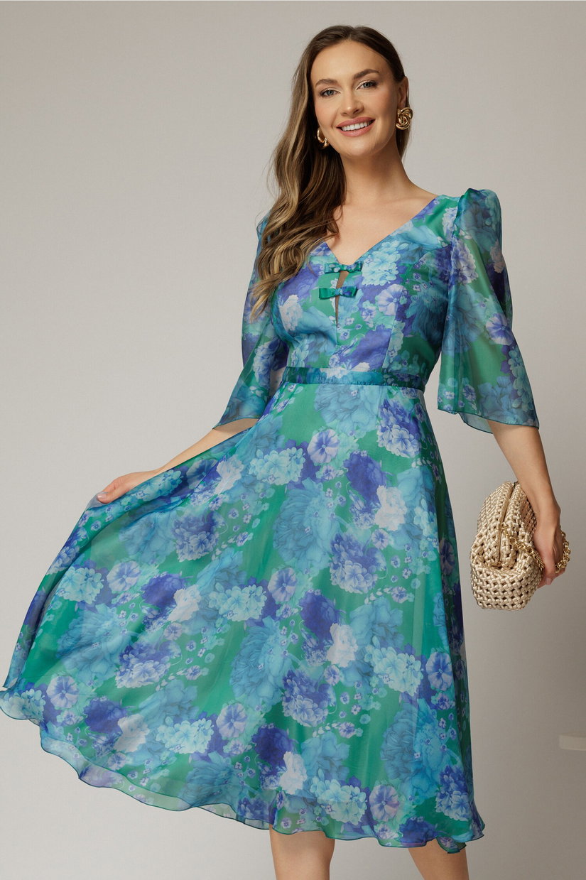 Rochie midi verde cu imprimeuri si fundite pe bust