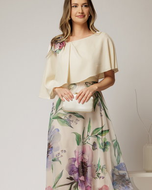 Rochie midi ivoar de ocazie cu imprimeuri florale pe fusta