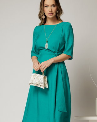 Rochie midi verde turcoaz de zi cu nod pe talie