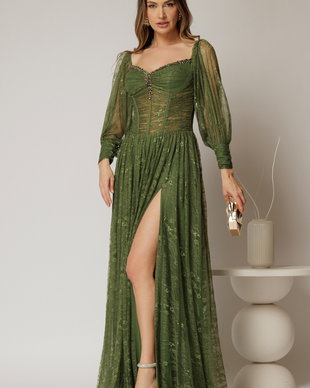 Rochie de seara kaki din dantela cu decolteu tip corset