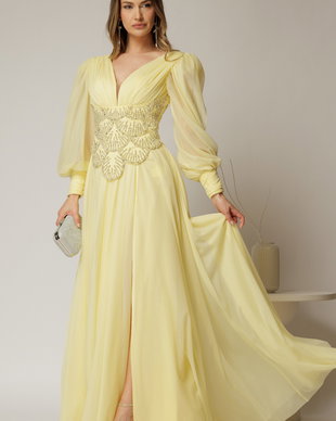 Rochie lunga galbena de seara din tull cu corset cu strassuri aplicate