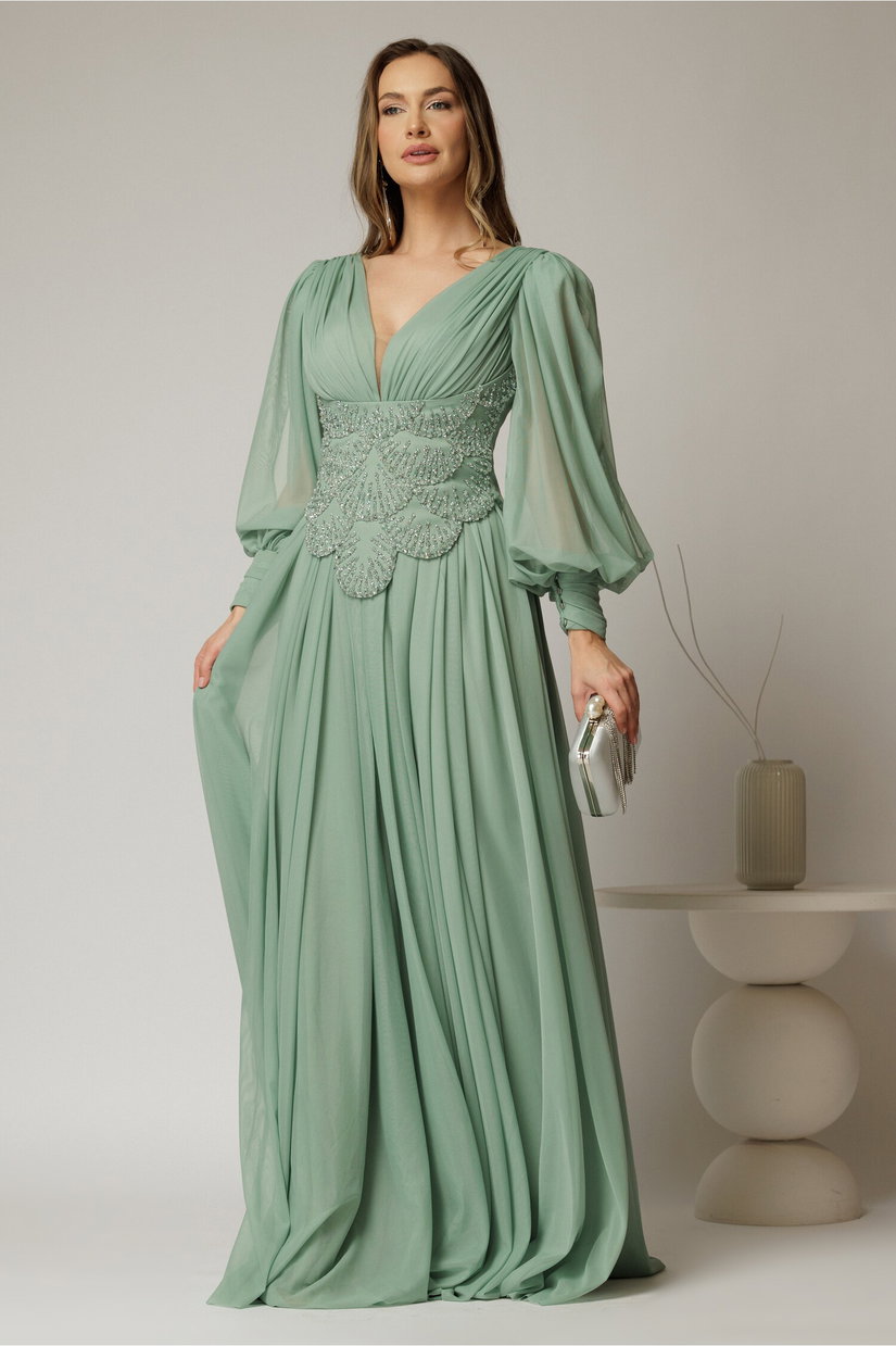 Rochie lunga verde menta de seara din tull cu corset cu strassuri aplicate