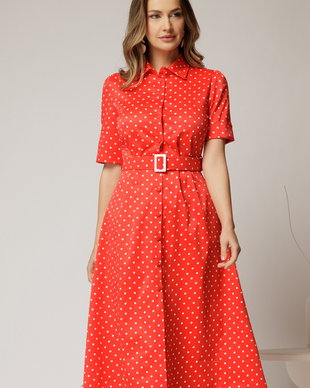 Rochie DY Fashion rosie cu buline tip camasa si curea in talie