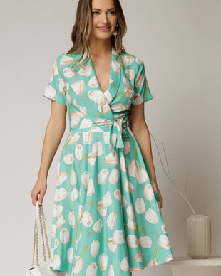 Rochie midi verde cu imprimeu cu aspect petrecut si cordon in talie