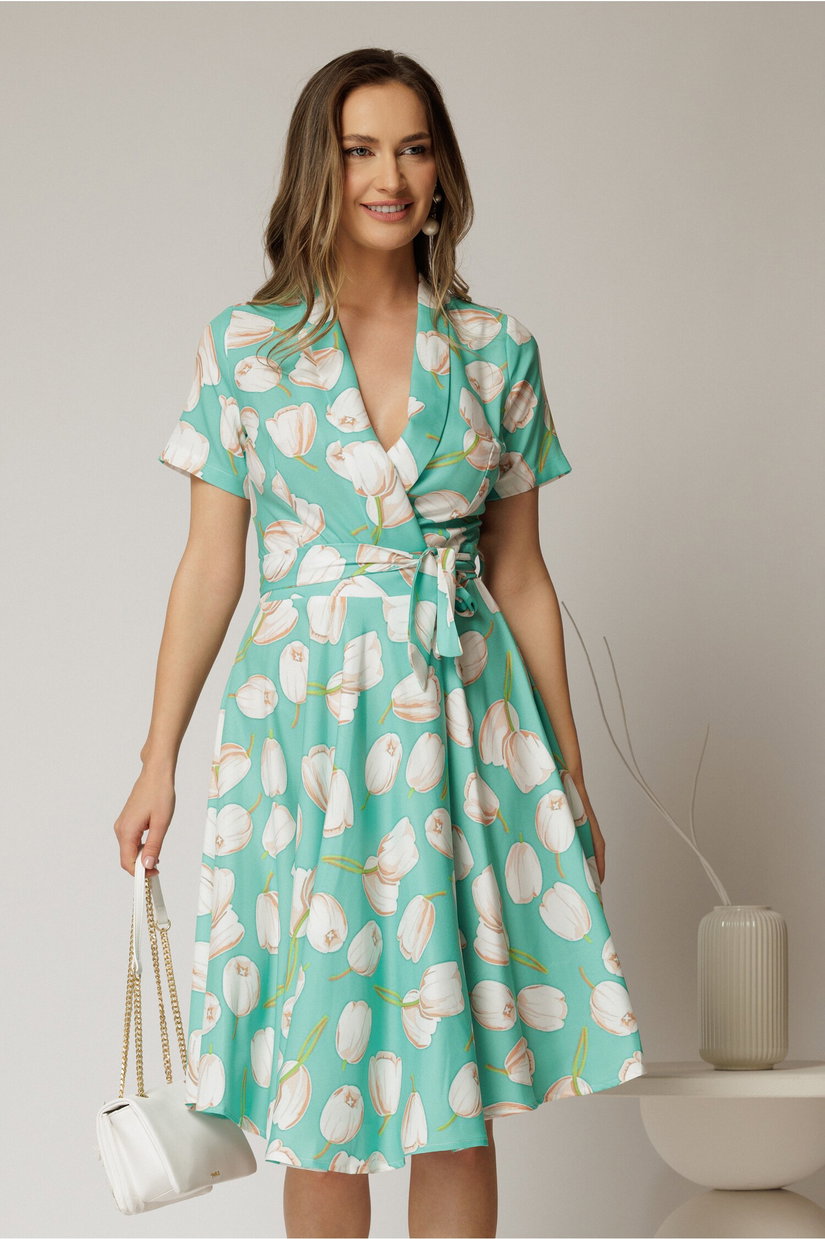 Rochie midi verde cu imprimeu cu aspect petrecut si cordon in talie