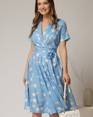 Rochie midi bleu cu imprimeu cu aspect petrecut si cordon in talie