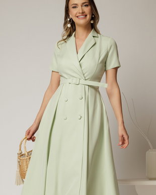 Rochie DY Fashion midi verde fistic cu decolteu petrecut si curea in talie
