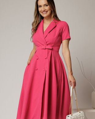 Rochie DY Fashion midi roz zmeura cu decolteu petrecut si curea in talie