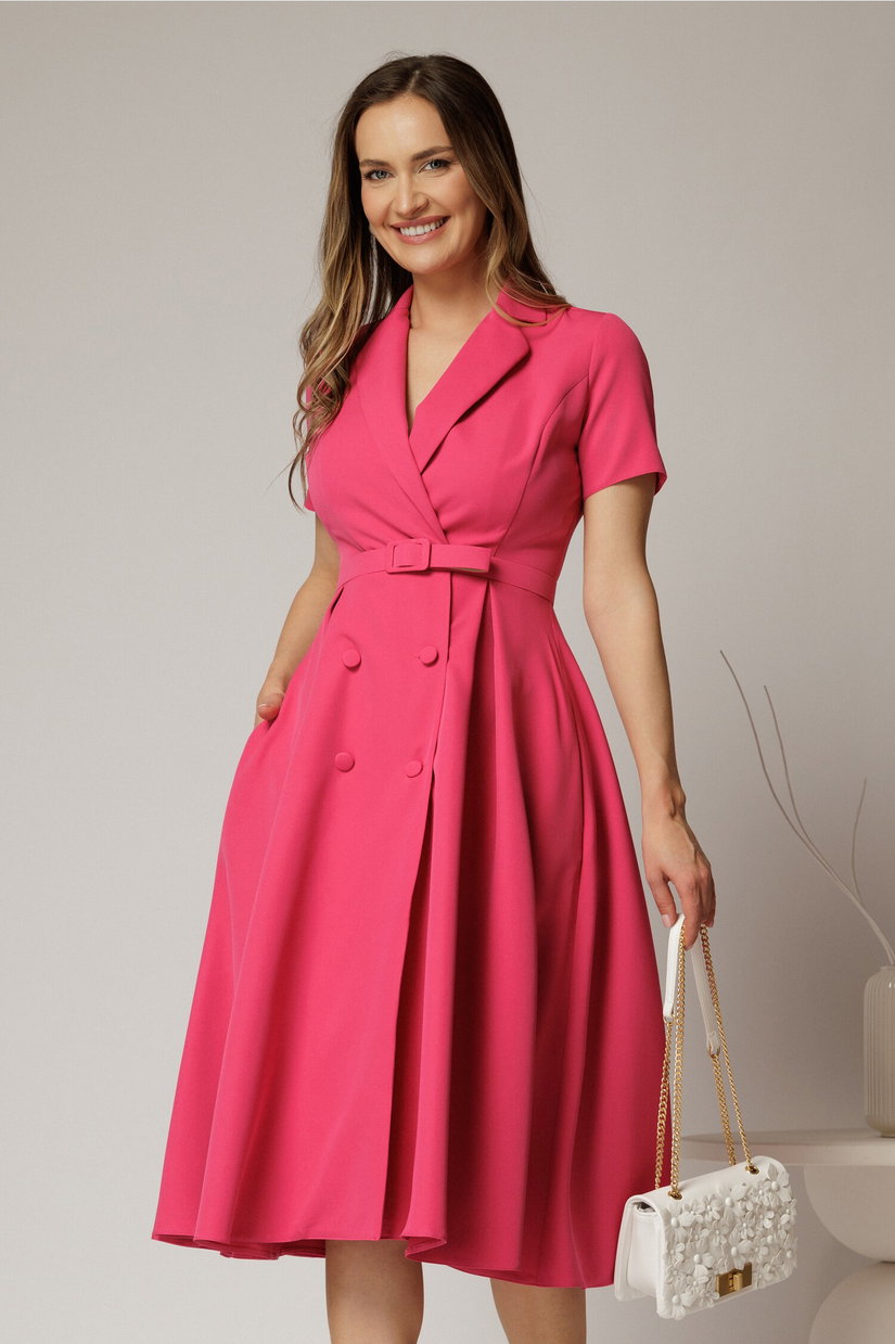 Rochie DY Fashion midi roz zmeura cu decolteu petrecut si curea in talie