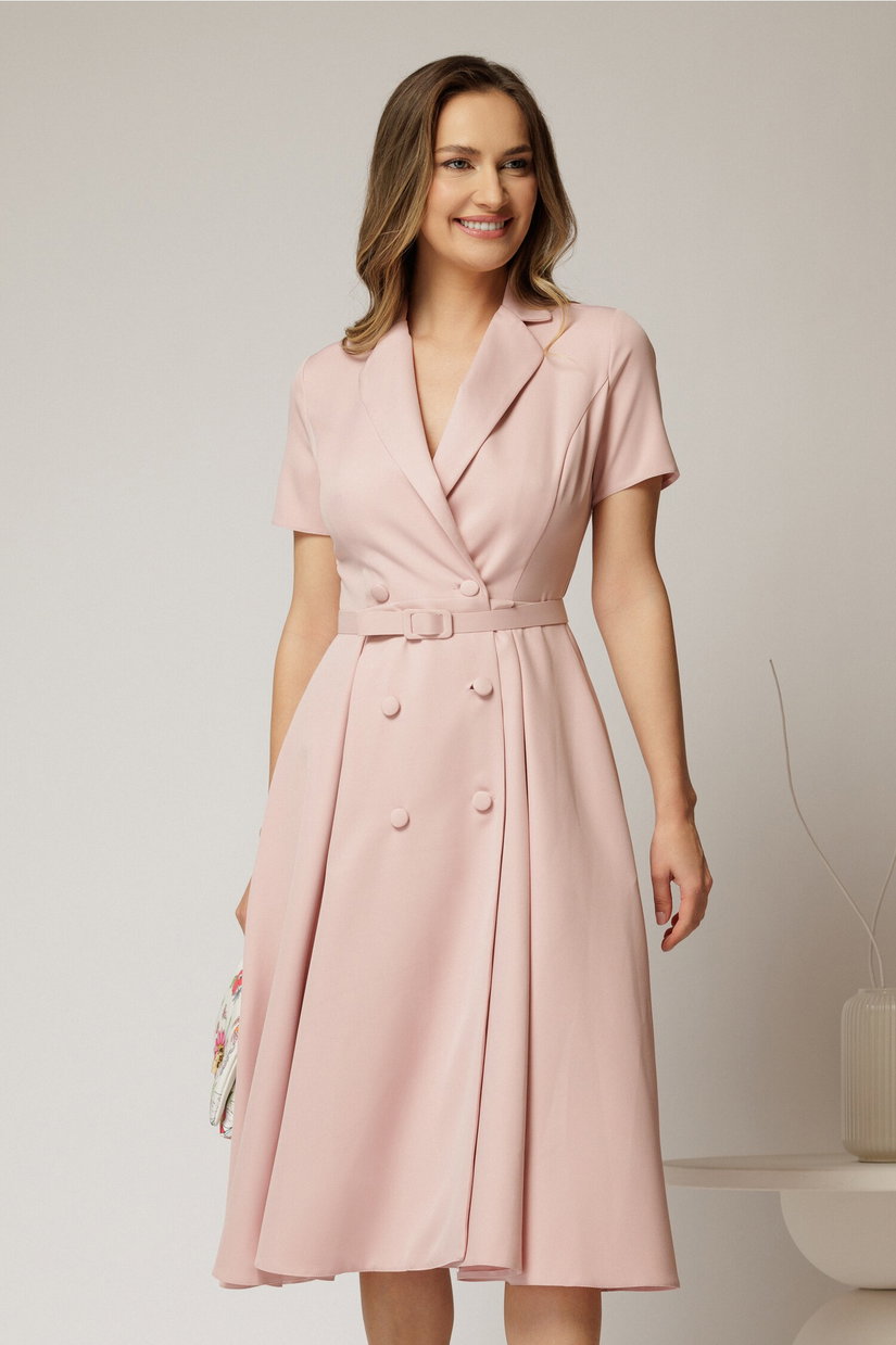 Rochie DY Fashion midi roz cu decolteu petrecut si curea in talie