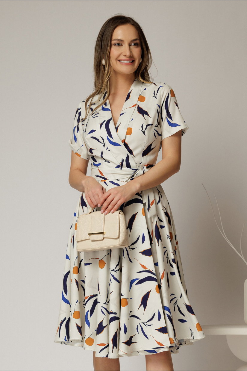 Rochie midi ivoar cu imprimeu cu aspect petrecut si cordon in talie