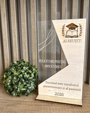 Trofeu absolvire facultate personalizat, decor cu plexiglas, cadou absolvire licență / master,
