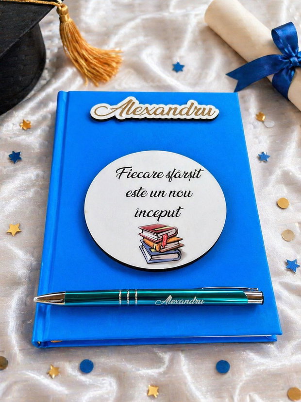 Agendă personalizată absolvire, cadou absolvent cu nume, mesaj Fiecare sfârșit este un nou început, cadou final de an