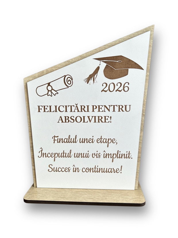 Trofeu absolvire din lemn personalizat, cadou pentru absolvent, absolvire, final de an scolar
