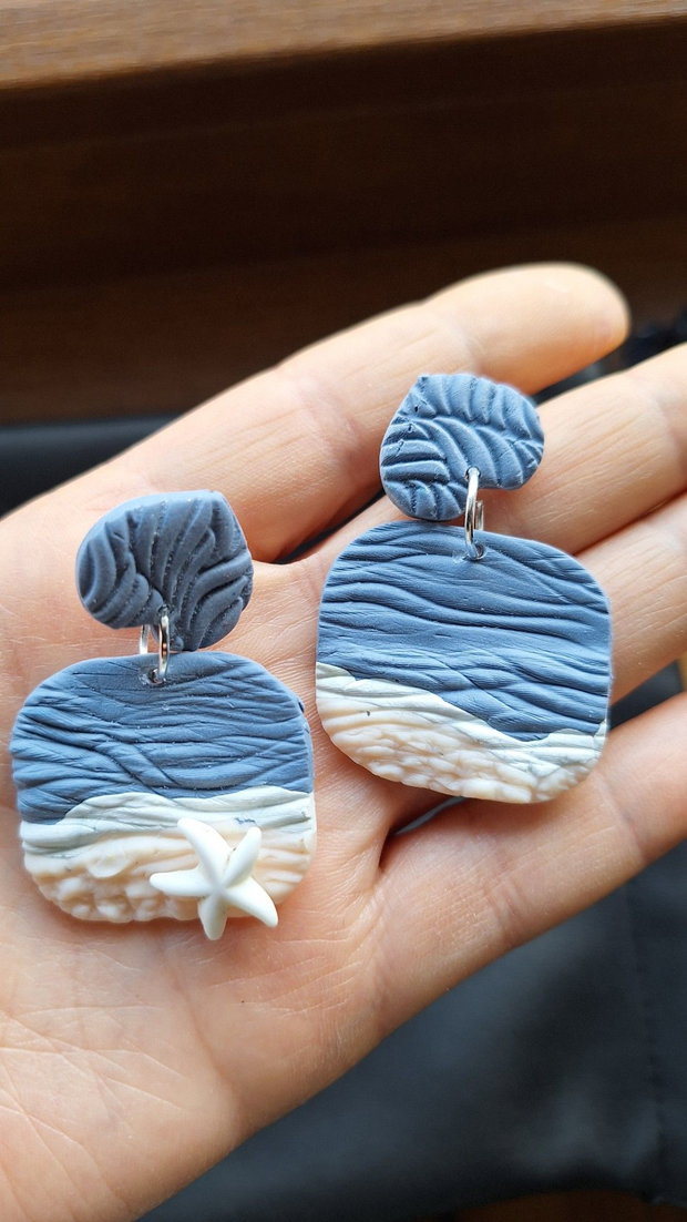 Cercei Handmade Vacanță la Mare Lut Polimeric, Texturi Marine și Steluță de Mare