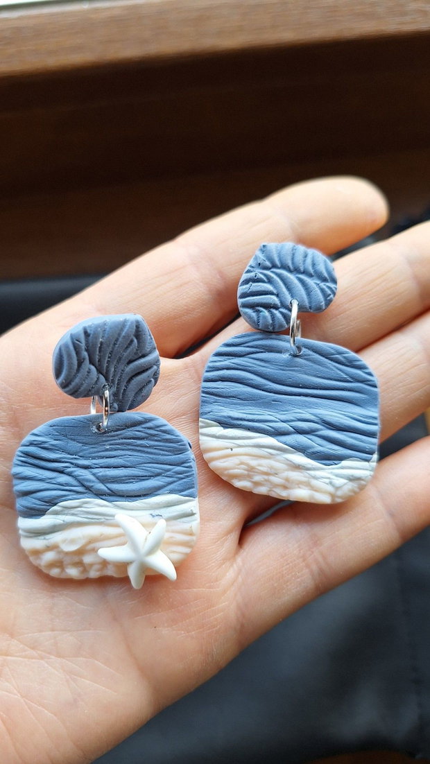 Cercei Handmade Vacanță la Mare Lut Polimeric, Texturi Marine și Steluță de Mare