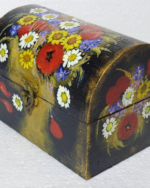 Cufăr din lemn pictat manual, cutie decorativă florală, cutie bijuterii 17x11x12 cm