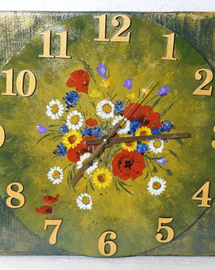 Ceas de perete handmade  flori de câmp, stil rustic vintage
