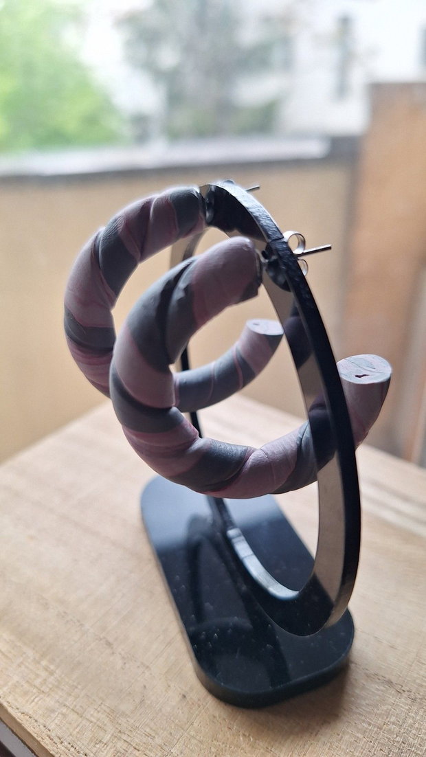 Cercei Hoops Răsuciți - Dusty Pink & Grey - Handmade din Lut Polimeric