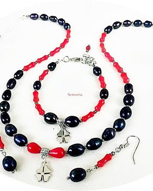 set passion - perle de cultura  negre si coral rosu